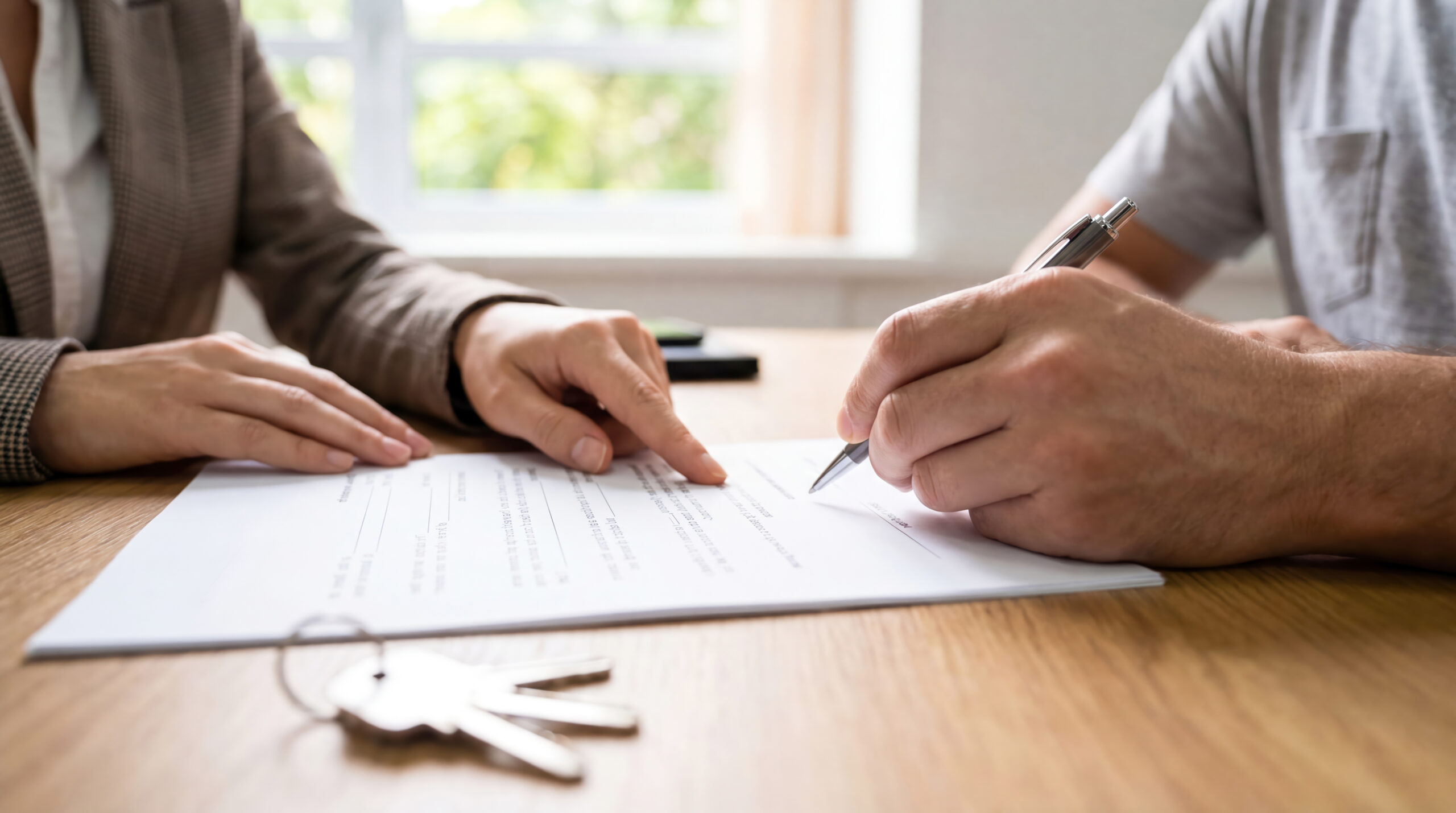 A determined tenant hands signing rental agreement at desk with realtor, with keys placed prominently on the table between them